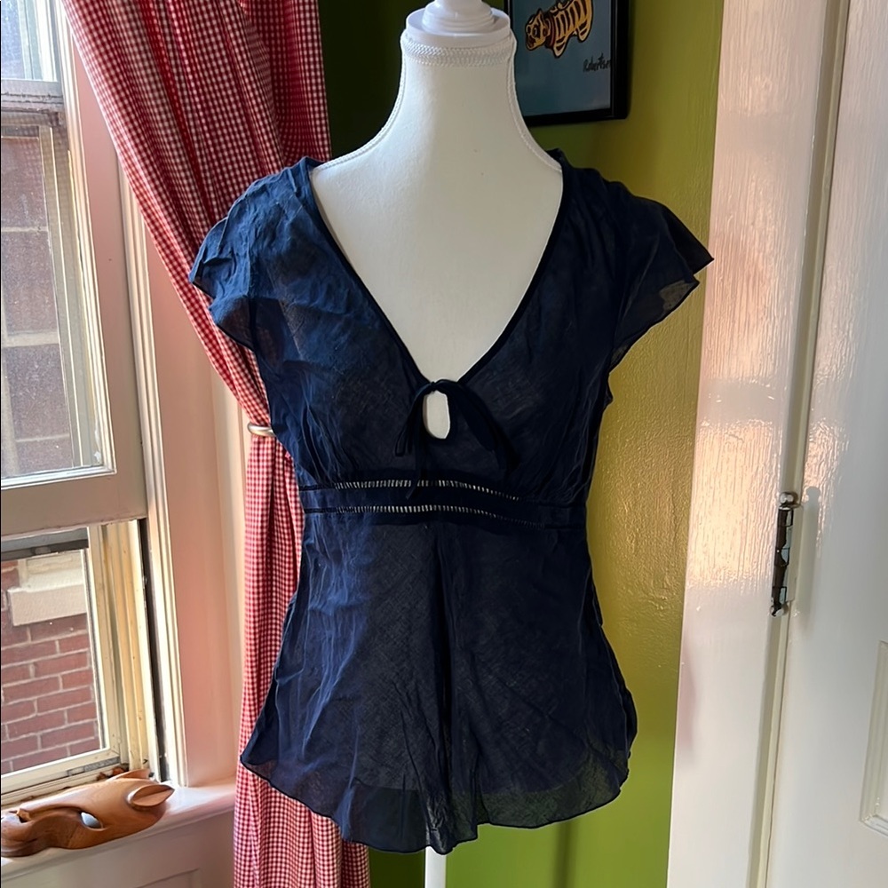 Elegant Calvin Klein Jeans Navy Blue Cotton Voile Short-Sleeved Blouse